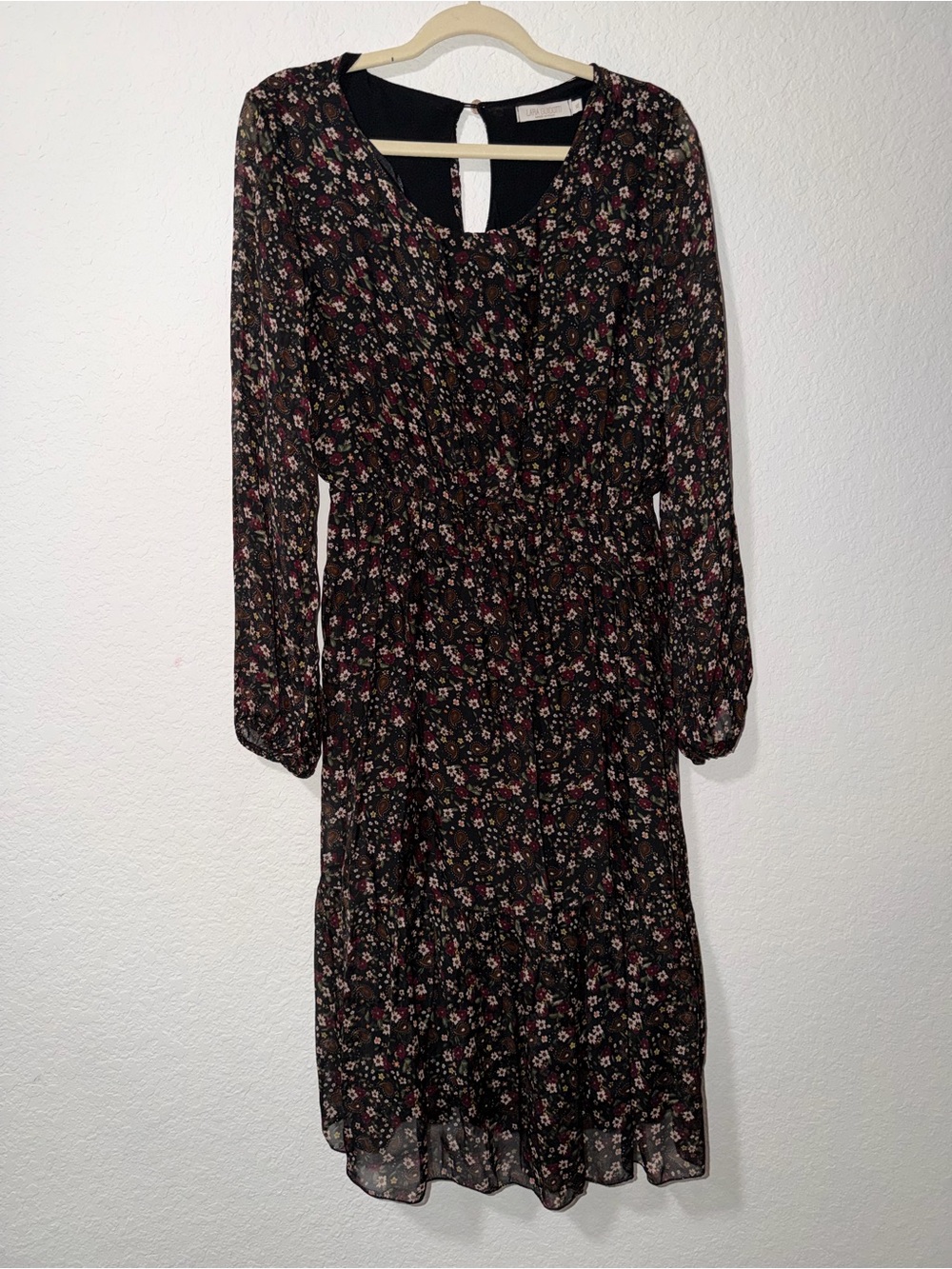 Lara Guidotti Black Floral Long-Sleeve Midi Dress with Elastic Waist